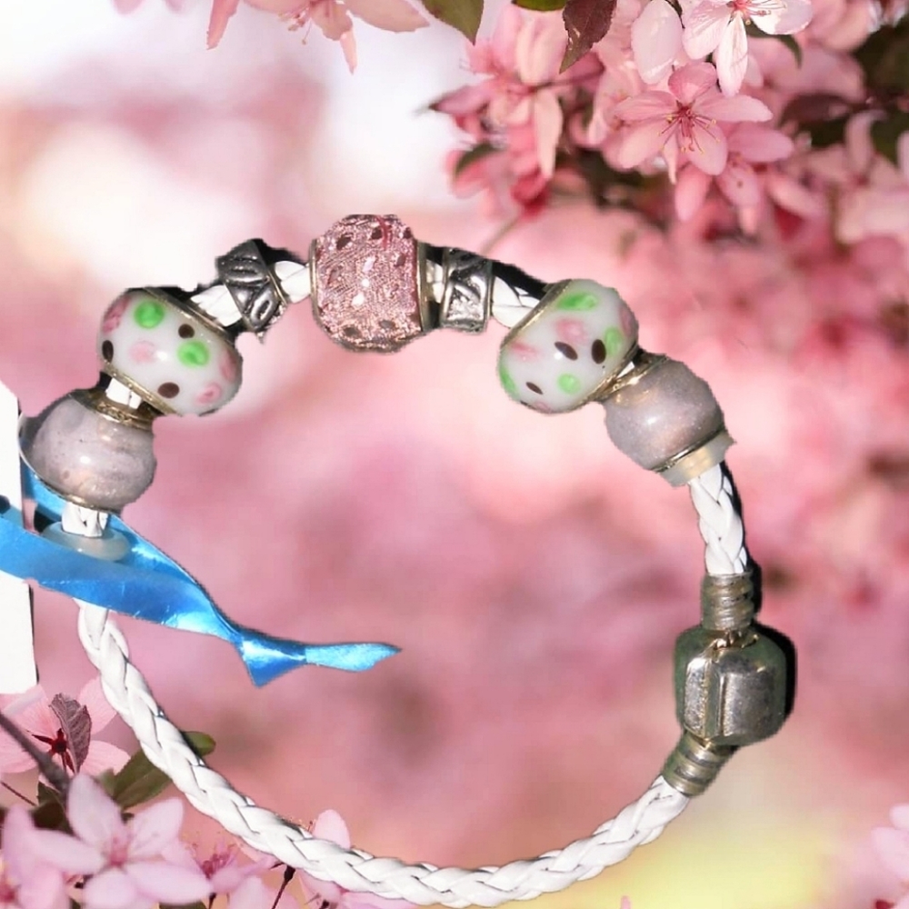 Pink, White & Mint Green Glass Big-hole Beads Braided Leatherette Bracelet